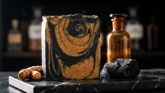 The Golden Obsidian - Turmeric, Activated Charcoal - Tea Tree, Lemongrass, and Cedarwood Essential Oil.