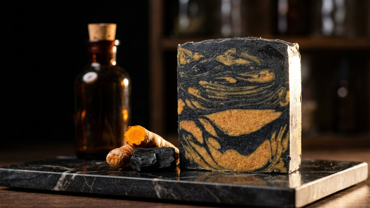 The Golden Obsidian - Turmeric, Activated Charcoal - Tea Tree, Lemongrass, and Cedarwood Essential Oil.