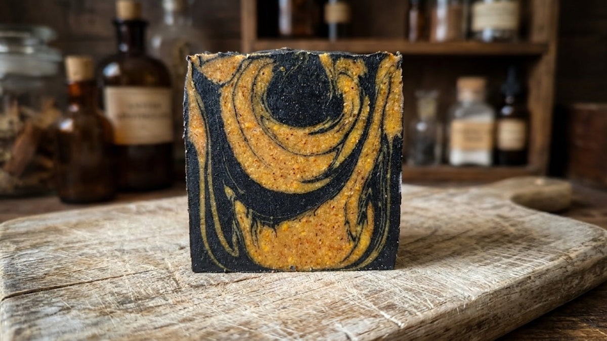 The Golden Obsidian - Turmeric, Activated Charcoal - Tea Tree, Lemongrass, and Cedarwood Essential Oil.