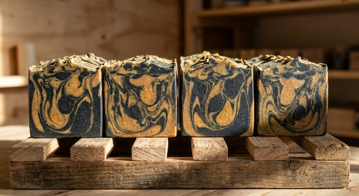 The Golden Obsidian - Turmeric, Activated Charcoal - Tea Tree, Lemongrass, and Cedarwood Essential Oil.