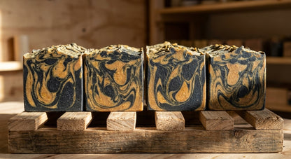 The Golden Obsidian - Turmeric, Activated Charcoal - Tea Tree, Lemongrass, and Cedarwood Essential Oil.