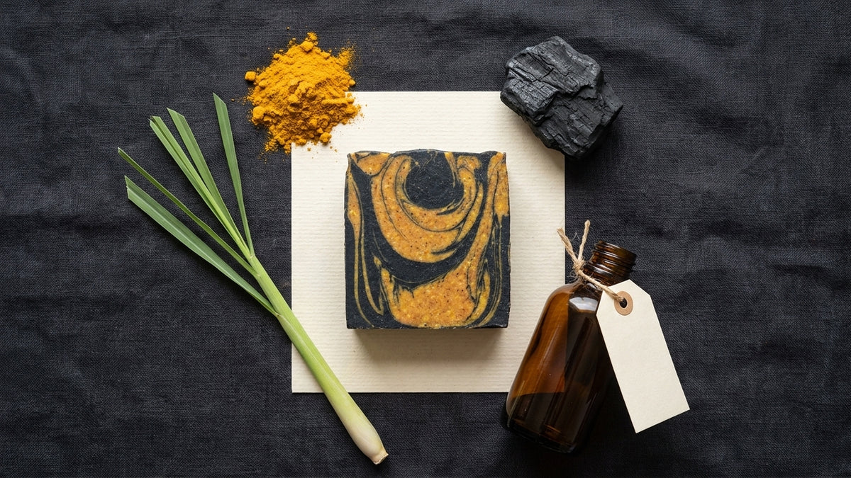 The Golden Obsidian - Turmeric, Activated Charcoal - Tea Tree, Lemongrass, and Cedarwood Essential Oil.